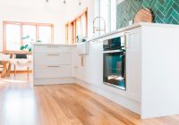 a kitchen with white cabinets and a wood floor