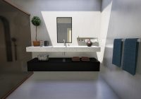 Moderne badkamerspiegel boven een wastafelmeubel in een stijlvolle badkamer