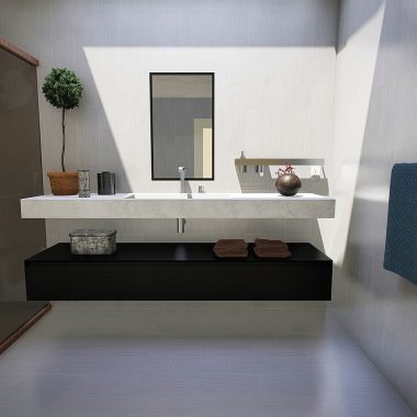Moderne badkamerspiegel boven een wastafelmeubel in een stijlvolle badkamer