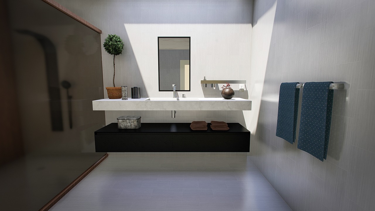 Moderne badkamerspiegel boven een wastafelmeubel in een stijlvolle badkamer