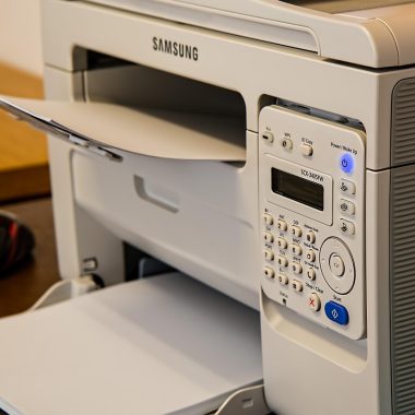 Laserprinter op een bureau in een thuiskantoor