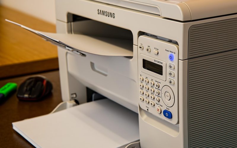 Laserprinter op een bureau in een thuiskantoor